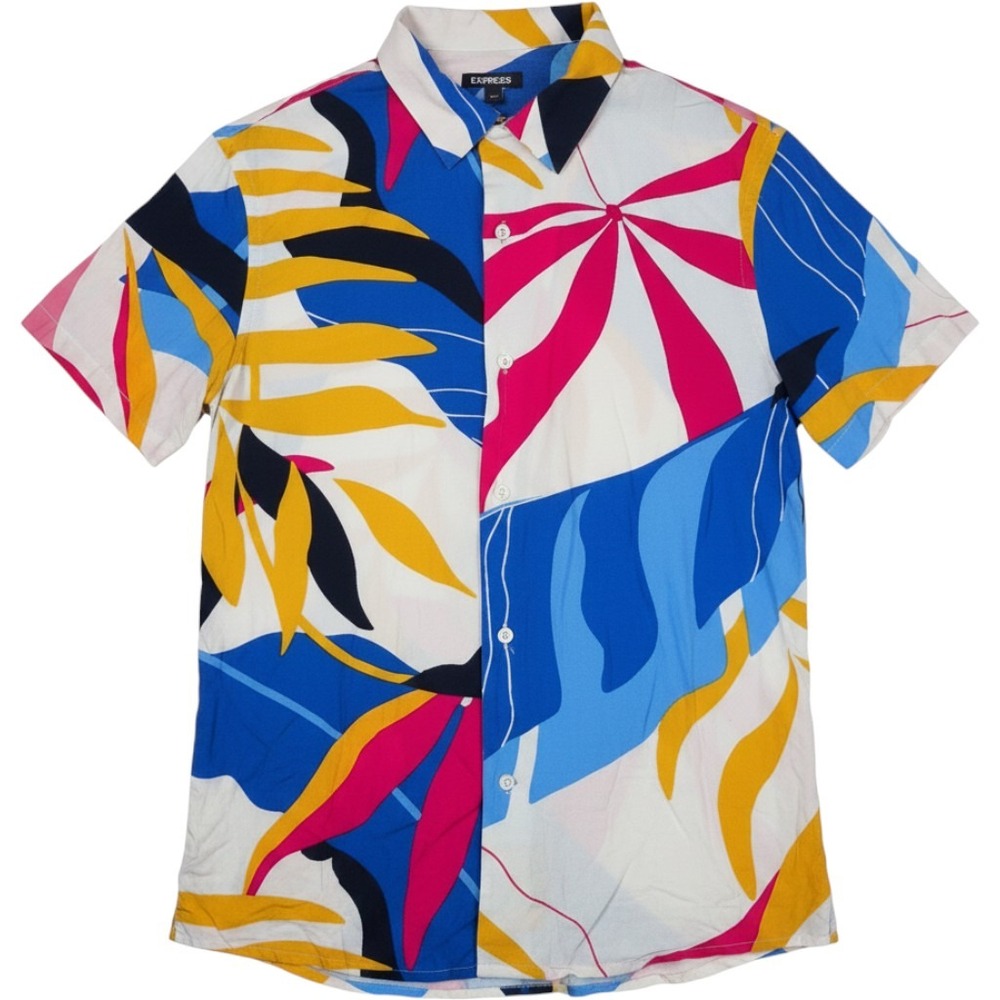 Mens Tropical Abstract Floral Short Sleeve Button Up Shirt M Vacation Festival